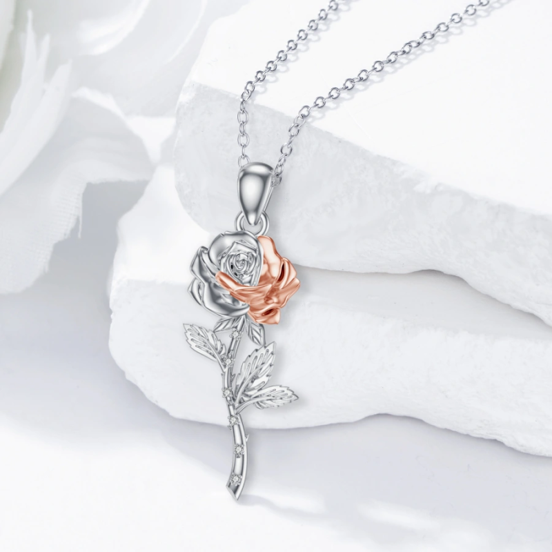Collier en or blanc 10 carats avec zircone cubique bicolore rose pour femme-4
