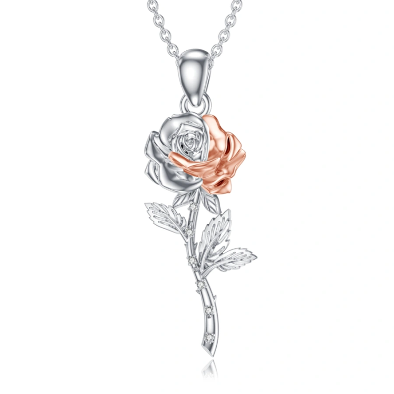 Collier en or blanc 10 carats avec zircone cubique bicolore rose pour femme-1
