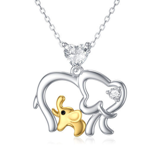 Collar con colgante de elefante con circonita en forma de corazón de dos tonos de oro blanco de 9 quilates para mujer