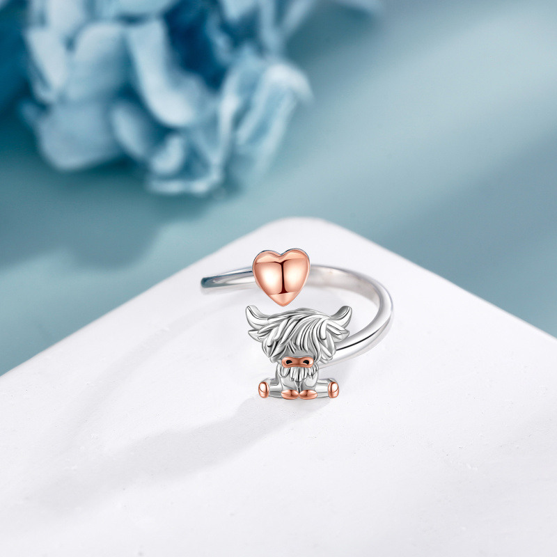 Anillo abierto de vaca de las Tierras Altas en dos tonos de plata esterlina para mujer y hombre-2