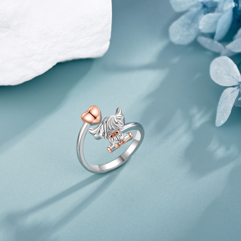 Anillo abierto de vaca de las Tierras Altas en dos tonos de plata esterlina para mujer y hombre-3