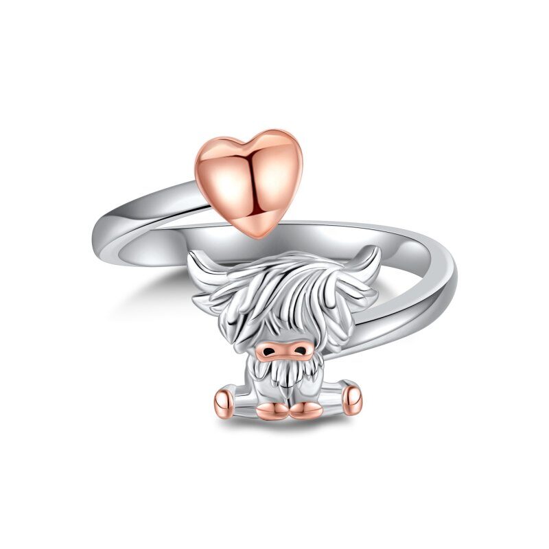 Anillo abierto de vaca de las Tierras Altas en dos tonos de plata esterlina para mujer y hombre-4