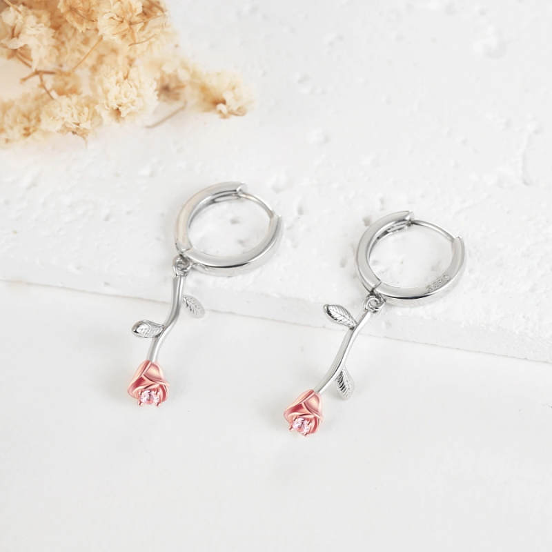 Pendants d'oreilles feuilles et roses en or blanc 14K pour femmes-3
