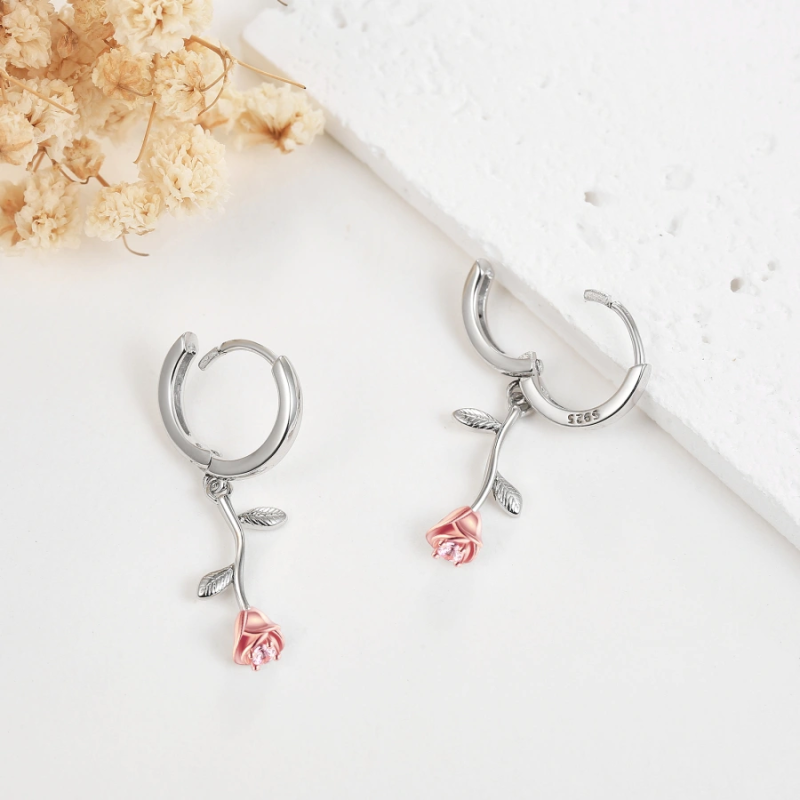 Pendants d'oreilles feuilles et roses en or blanc 14K pour femmes-4