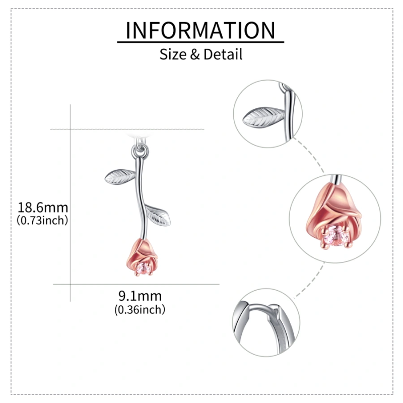 Pendants d'oreilles feuilles et roses en or blanc 14K pour femmes-5