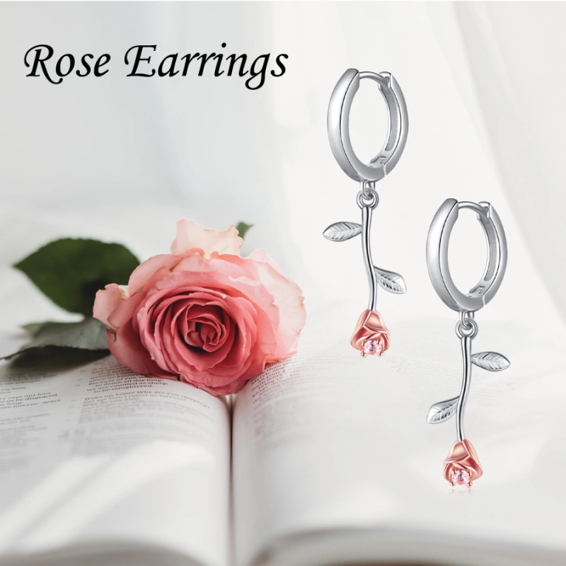 Pendants d'oreilles feuilles et roses en or blanc 14K pour femmes-6