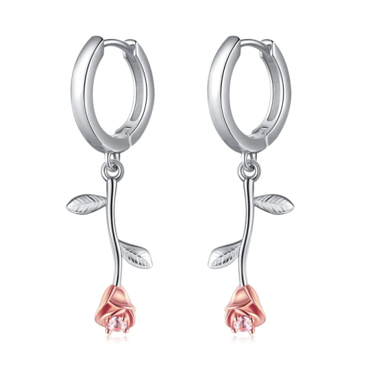 Pendientes colgantes de oro blanco de 10 quilates en dos tonos Hojas y Rosa para mujer