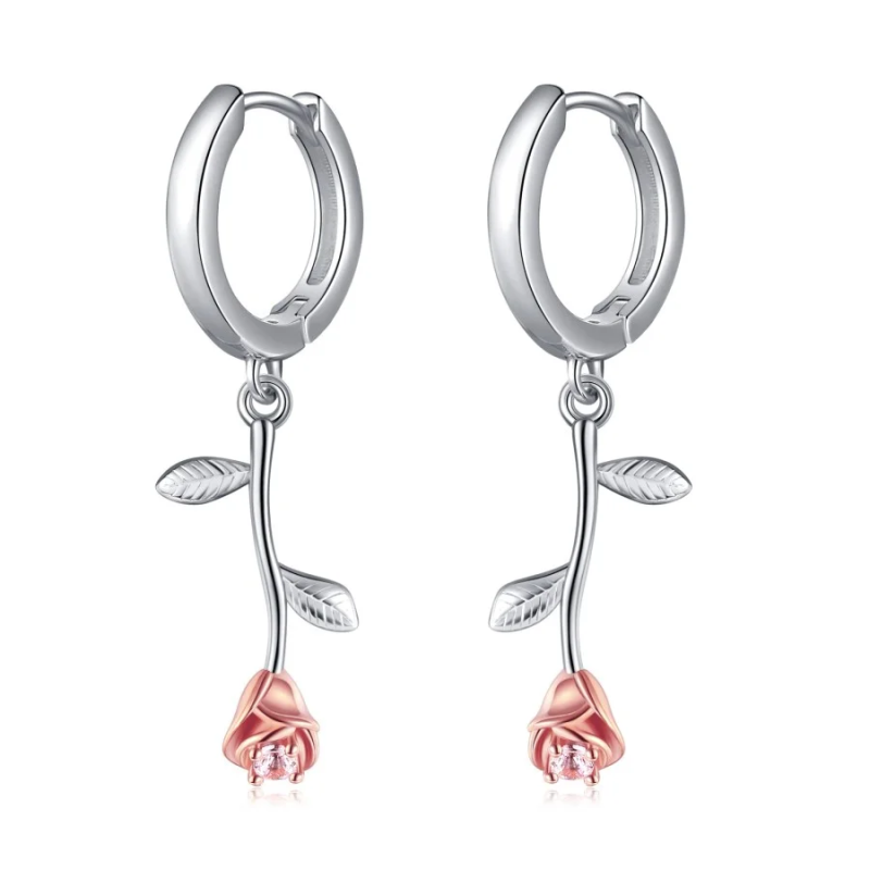 Pendants d'oreilles feuilles et roses en or blanc 14K pour femmes-1