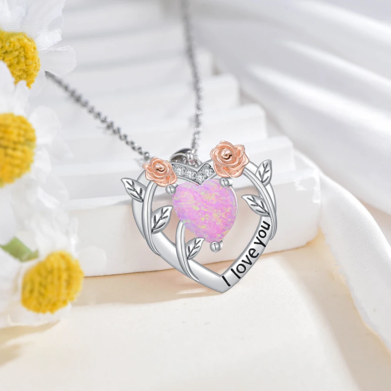 Collier en or blanc 10K bicolore Moissanite & Opal Rose Heart pour femmes-3