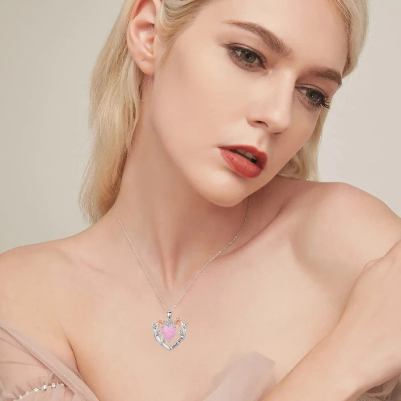 Collier en or blanc 10K bicolore Moissanite & Opal Rose Heart pour femmes-4