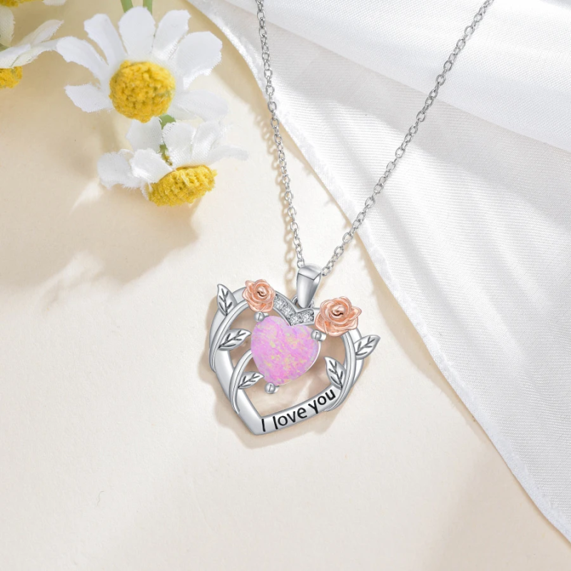 Collier en or blanc 10K bicolore Moissanite & Opal Rose Heart pour femmes-5