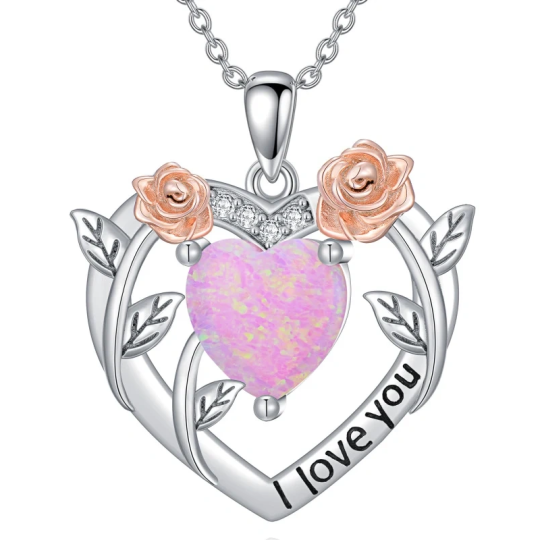 10-karatowe białe złoto Dwukolorowy naszyjnik Moissanite & Opal Rose Heart dla kobiet
