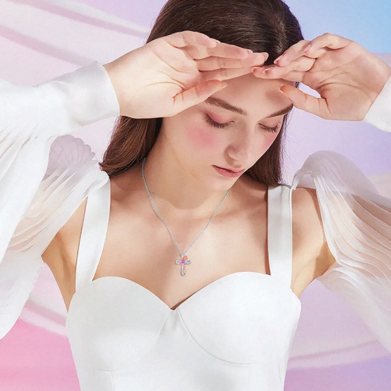 Collier croix rose personnalisé en or blanc 18 carats avec pierre de naissance bicolore pour femme-3