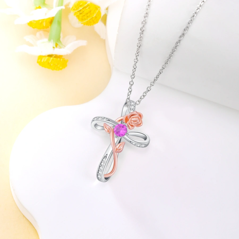 Collier croix rose personnalisé en or blanc 18 carats avec pierre de naissance bicolore pour femme-4
