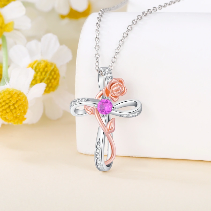 Collier croix rose personnalisé en or blanc 18 carats avec pierre de naissance bicolore pour femme-5