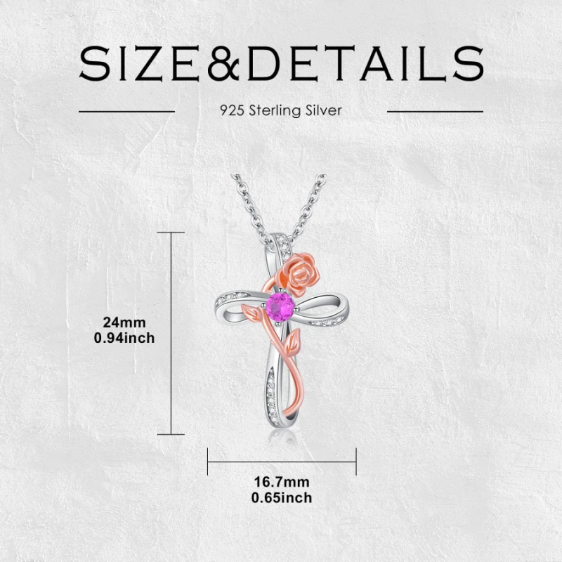 Collier croix rose personnalisé en or blanc 18 carats avec pierre de naissance bicolore pour femme-6