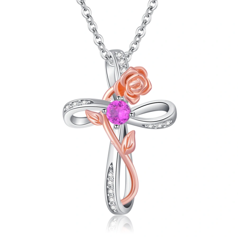Collier croix rose personnalisé en or blanc 18 carats avec pierre de naissance bicolore pour femme-1