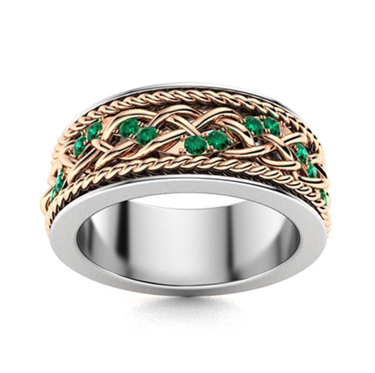 Anillo de bodas para hombre en oro blanco de 10 quilates y oro amarillo de 0,5 quilates de peso total con esmeralda y gema alternativa de corte redondo.