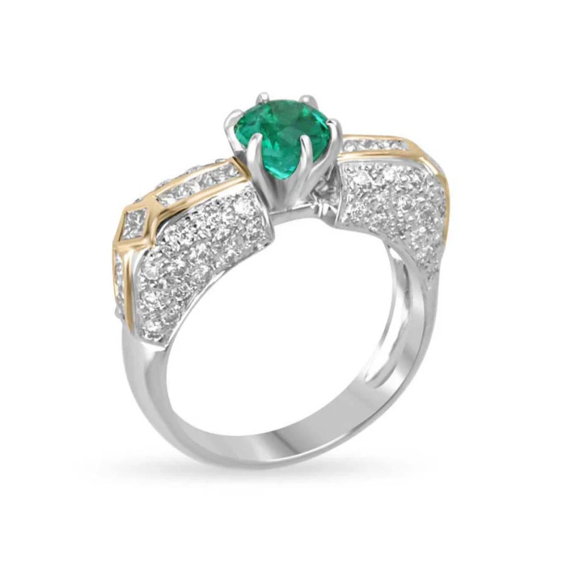 Anillo de compromiso de oro blanco de 10 quilates y oro amarillo de 1,95 a 5,95 quilates de peso total con esmeralda de talla redonda creada en laboratorio.-4