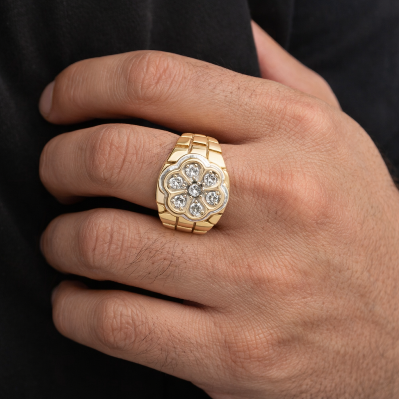 Anillo de pepita de flor de cerezo en oro blanco y oro amarillo de 14 quilates para hombre-2