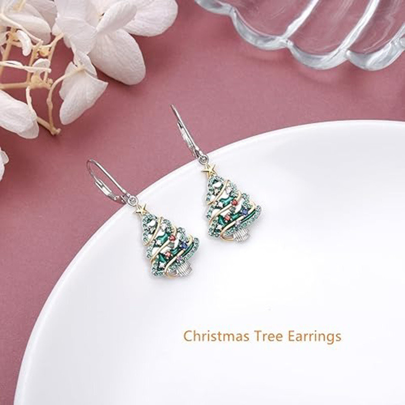 14-Karat-Weißgold- und -Gelbgold-Ohrringe mit Zirkonia-Weihnachtsbaum-Design-3