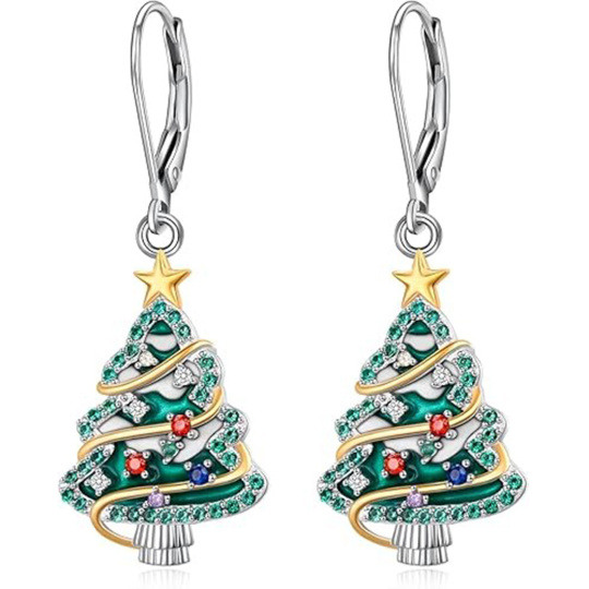 Aretes colgantes de árbol de Navidad de circonia cúbica en oro blanco y oro amarillo de 14 quilates