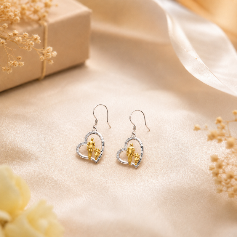 18K White Gold & Yellow Gold Cubic Zirconia Father & Daughter & Heart Drop Earrings with Engraved Word-3