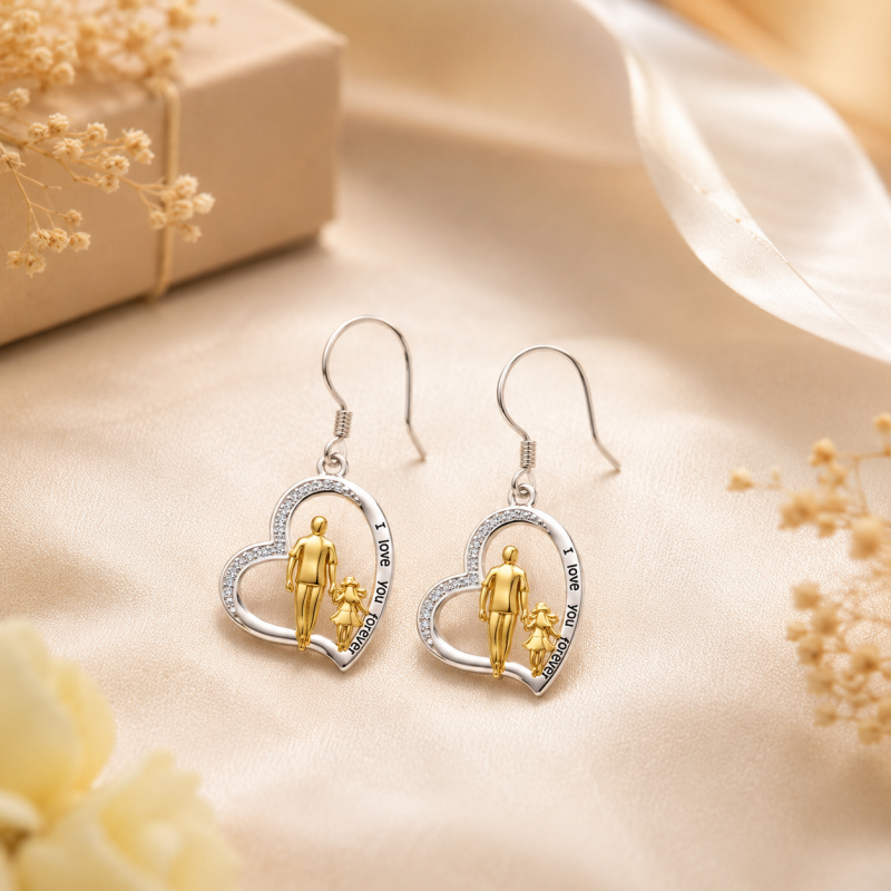 18K White Gold & Yellow Gold Cubic Zirconia Father & Daughter & Heart Drop Earrings with Engraved Word-4