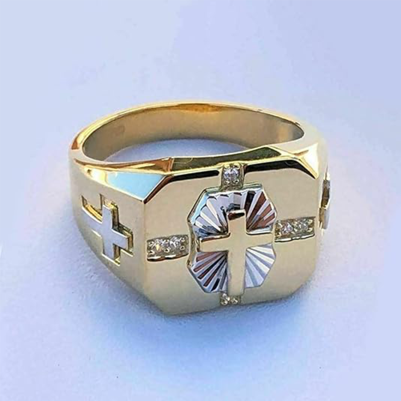 10K White Gold & Yellow Gold Engravable & Cross Signet Ring for Men-3