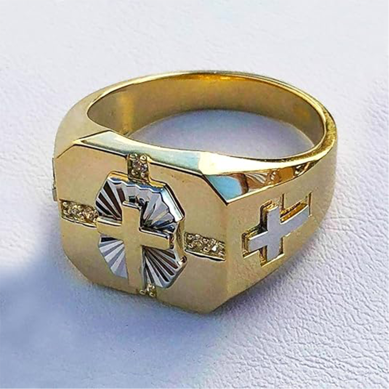 10K White Gold & Yellow Gold Engravable & Cross Signet Ring for Men-4