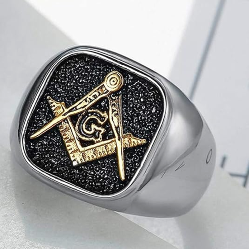 Siegelring für Herren aus 10 Karat Weißgold und Gelbgold mit Freimaurer-Motiv-3