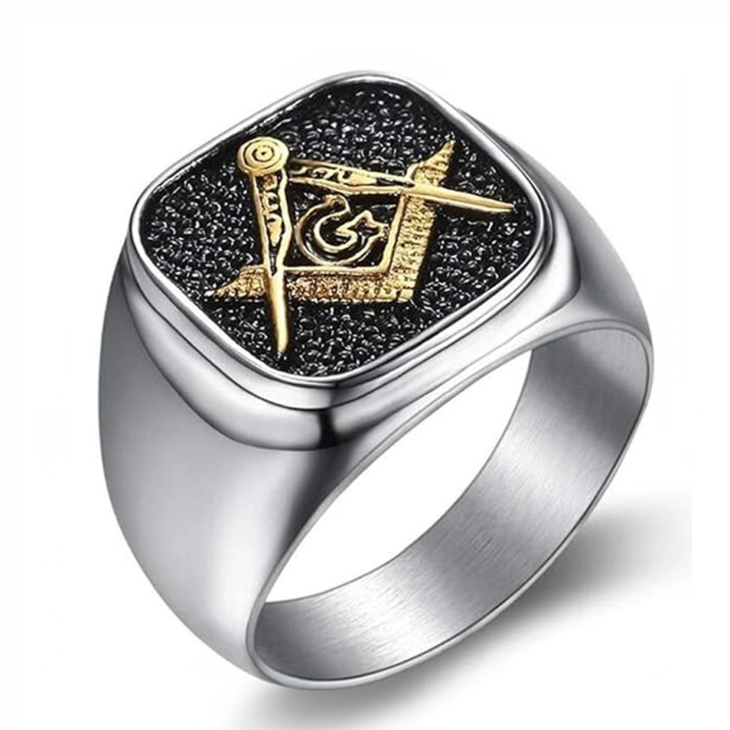 Chevalière franc-maçonne en or blanc 10 carats et or jaune pour homme-13