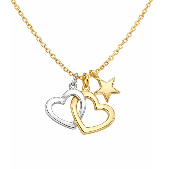 10K White Gold & Yellow Gold Heart With Heart & Star Pendant Necklace