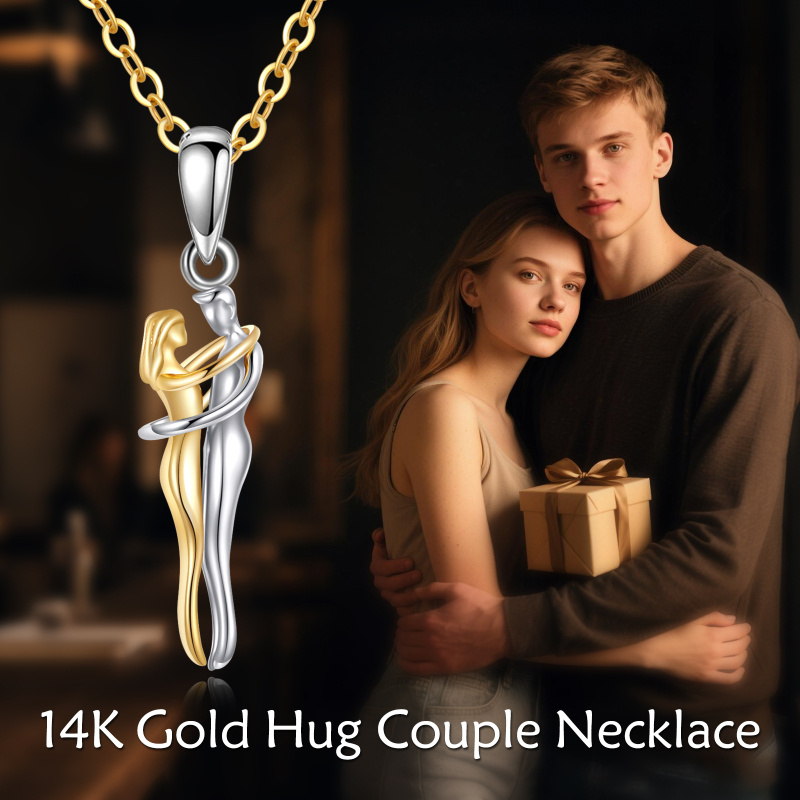 14K White Gold & Yellow Gold Hug Couple Pendant Necklace-6