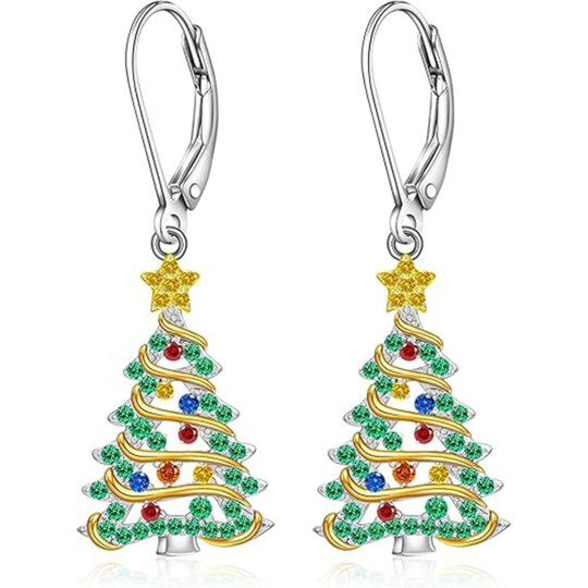 Aretes colgantes de árbol de Navidad de moissanita en oro blanco y oro amarillo de 14 quilates