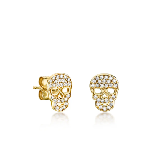 Pendientes de calavera con moissanita en oro blanco de 14 quilates y oro amarillo