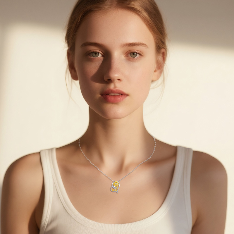 Collar colgante de girasol con moissanita en oro blanco 14K y oro amarillo-2