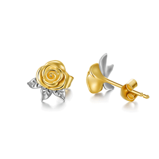 Aretes de oro blanco de 14 quilates y oro amarillo con forma de rosa para mujer