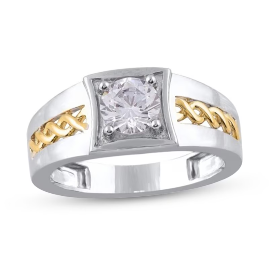 Siegelring für Paare aus 10 Karat Weißgold und Gelbgold mit rundem Diamanten, individueller Farb- und Reinheitsgrad I2, 3EX, IGI-zertifiziert