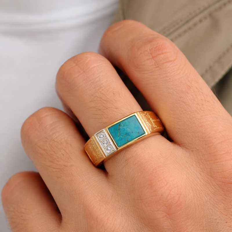 Anillo de compromiso para hombre en oro blanco y oro amarillo de 14 quilates, con turquesa vintage y pepita de moissanita-2