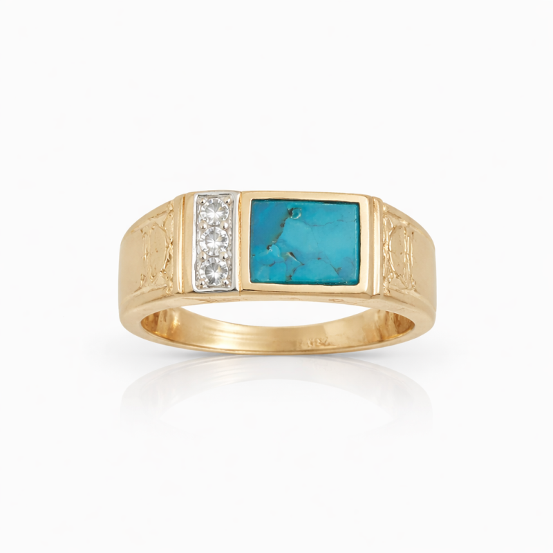 Anillo de compromiso para hombre en oro blanco y oro amarillo de 14 quilates, con turquesa vintage y pepita de moissanita-3
