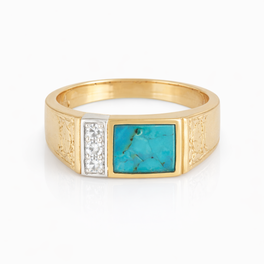 Anillo de compromiso para hombre en oro blanco y oro amarillo de 14 quilates, con turquesa vintage y pepita de moissanita