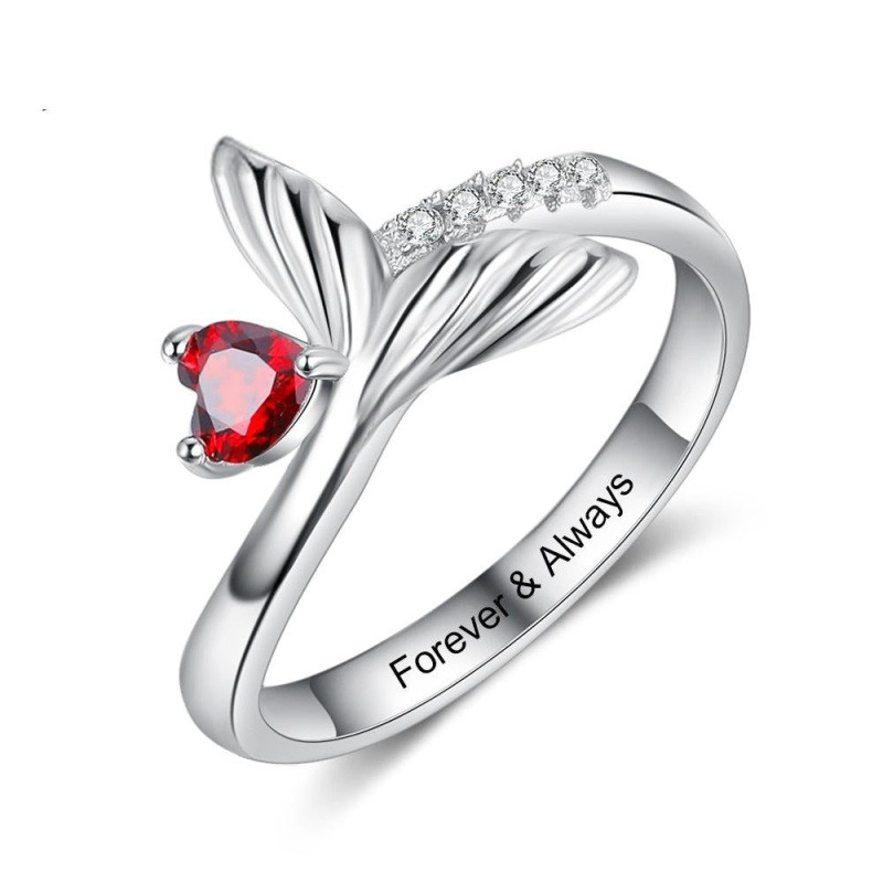 Bague de naissance en or blanc 10 carats avec zircon et pierre de naissance en forme de queue de sirène-1