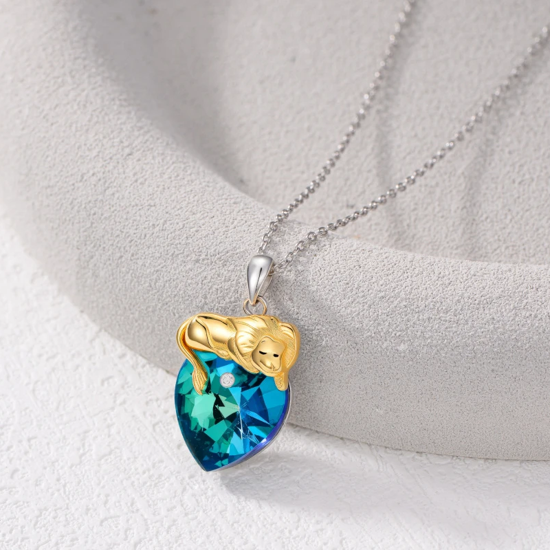 14K Weißgold Zweifarbige Personalisierte Löwenherz-Halskette mit Geburtsstein für Damen-3