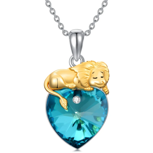 Collier en forme de cœur de lion personnalisé avec pierre de naissance bicolore blanche 14 carats pour femme