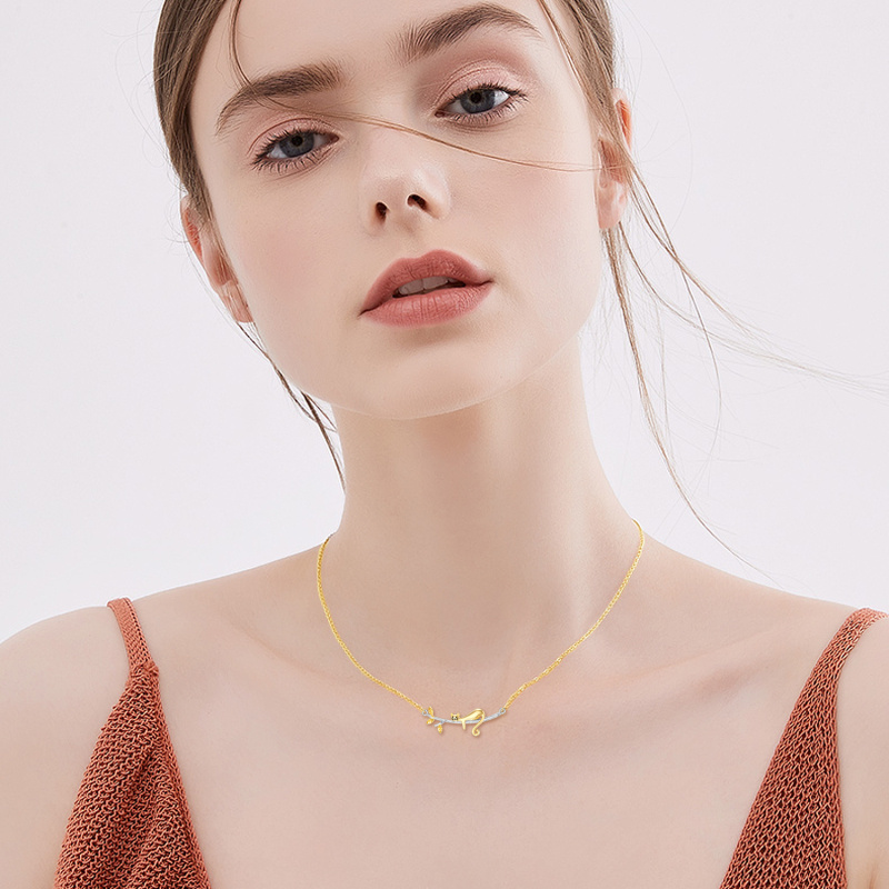 Collar con colgante delicado de gato en oro blanco y amarillo de 14 quilates-2
