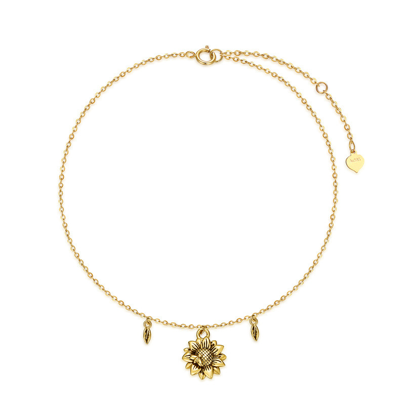 Tobillera de oro amarillo de 10 quilates con abeja, hojas y girasol, de una sola capa, para mujer-1