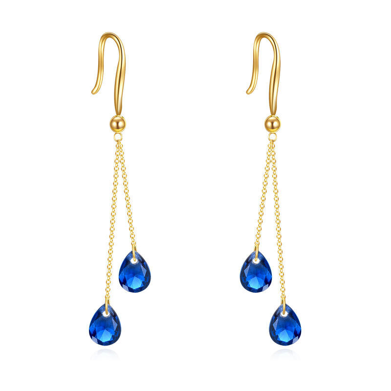 Boucles d'oreilles pendantes en or jaune 10 carats avec cristal bleu en forme de poire pour femmes-1