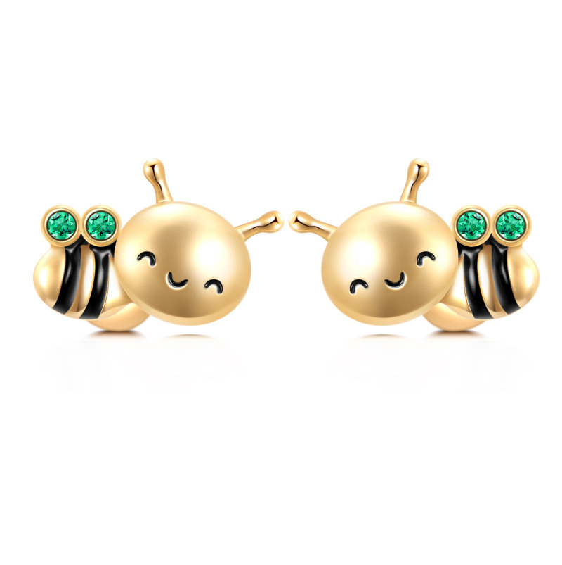 18K Yellow Gold Circular Cubic Zirconia Bee Stud Earrings-1