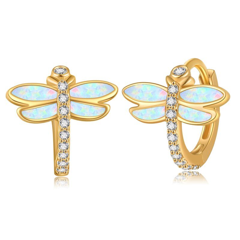 Pendientes de aro circulares de libélula con circonitas cúbicas en oro amarillo de 14 quilates-1